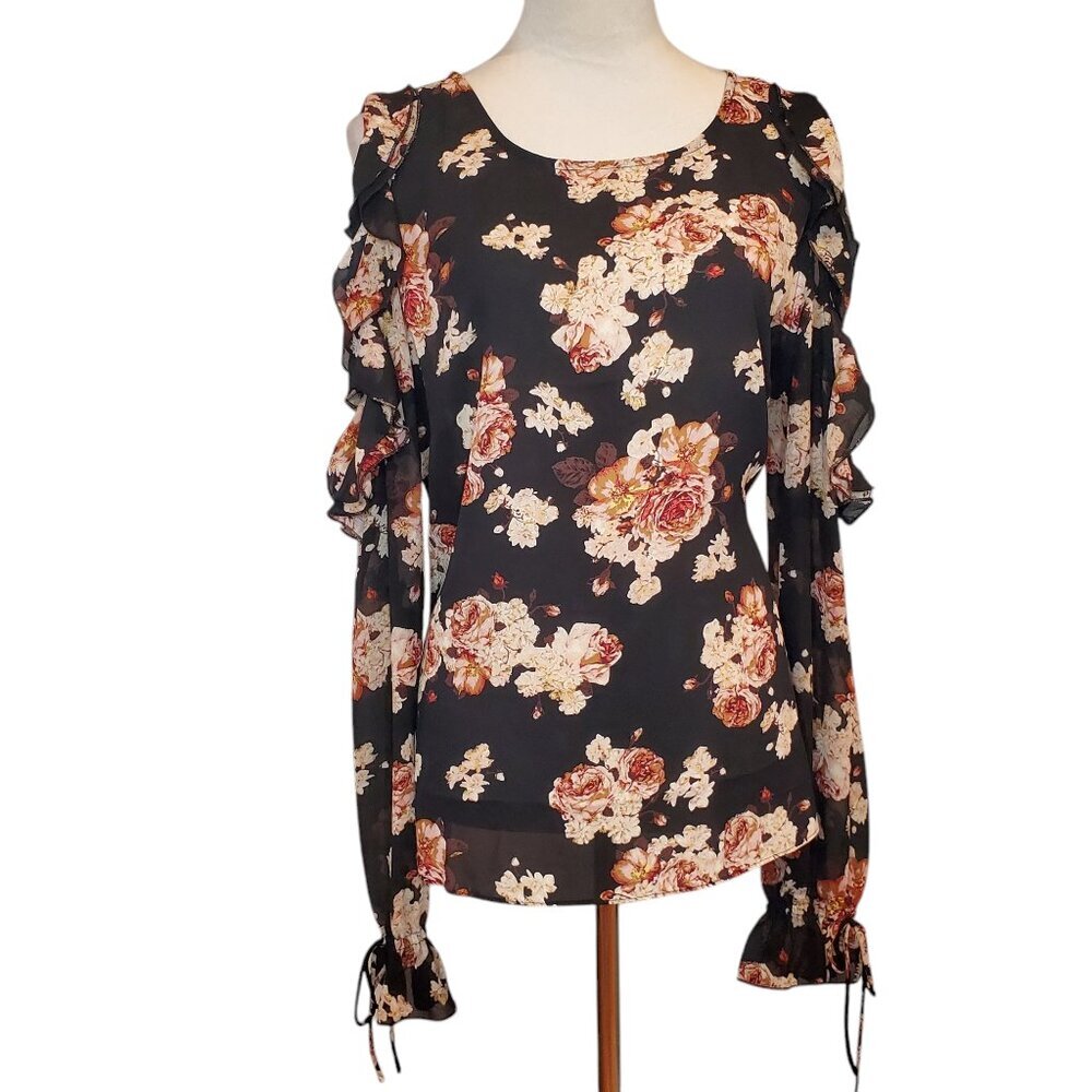 ROSE & OLIVE Floral Shirt Roses Pink Black Cold Shoulder Ruffles Blouse